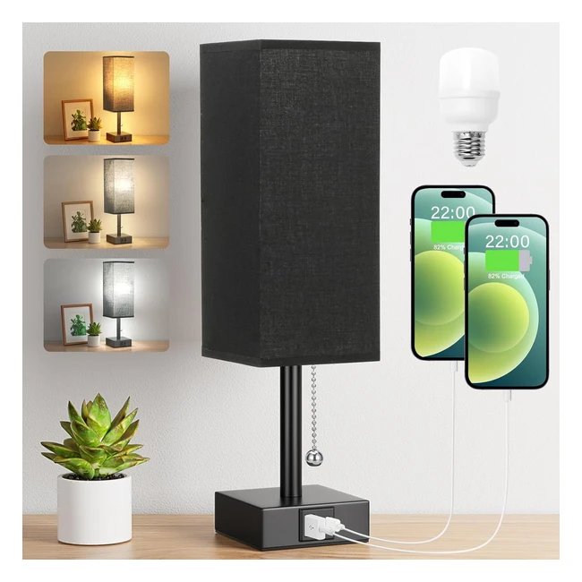 Aooshine Bedside Lamp with USB Charging Ports - Small Bedroom Lamp with 3 Color Modes - Pull Chain - LED Bulb Included