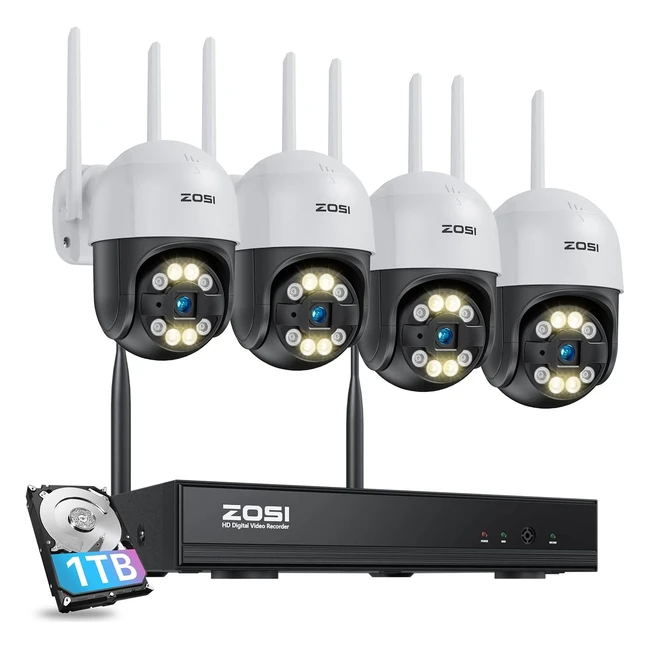 2K PTZ Camera ZOSI 8CH Wireless Security System 3MP CCTV with 2-Way Audio Night