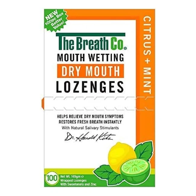 Breath Co Dry Mouth Relief Lozenges - Citrus Mint - 100 Lozenges - Halitosis Treatment - Gluten Free - Vegan