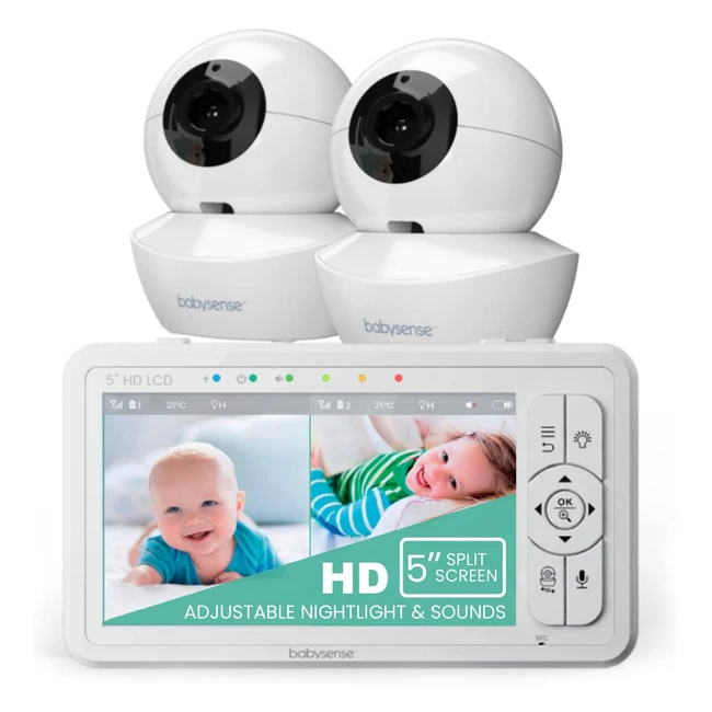 BabySense Upgraded 720p 5 HD Splitscreen Baby Monitor - 2 HD Cameras, Night Light, White Noise, Long Range - 4000mAh Battery