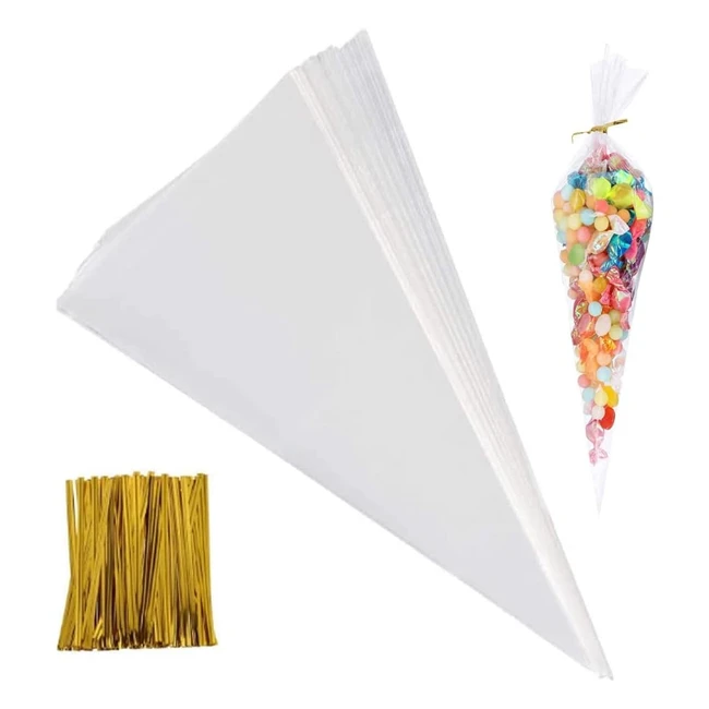 100 sachets transparents pour bonbons avec ruban dor - 25x13cm
