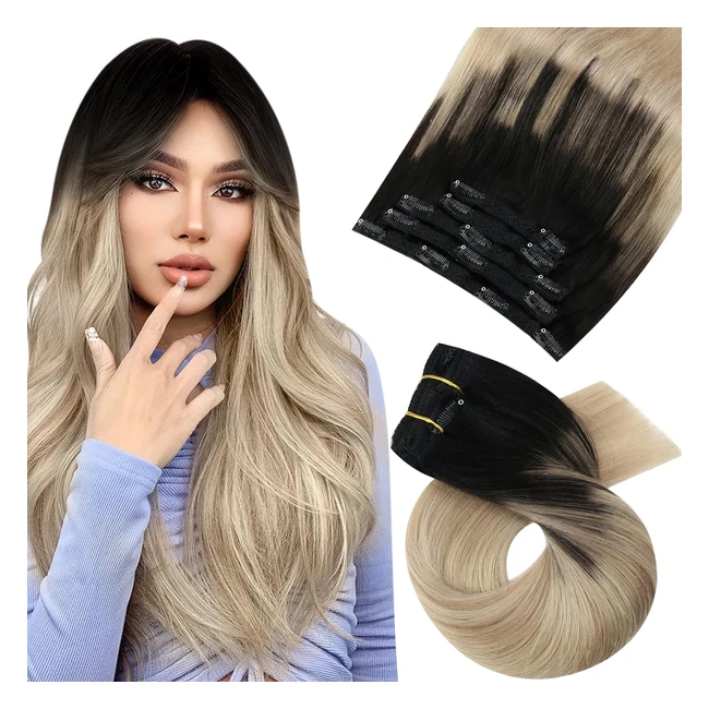 Moresoo Hair Extensions Clip In Real Hair Balayage 14 Inch - Natural Black to Ash Blonde - 5 Pieces
