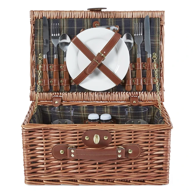 Tower Coast Country CC879020 Heritage 2 Person Wicker Picnic Hamper - Ceramic Plates, Cutlery, Wine Glasses, Bottle Opener - Brown