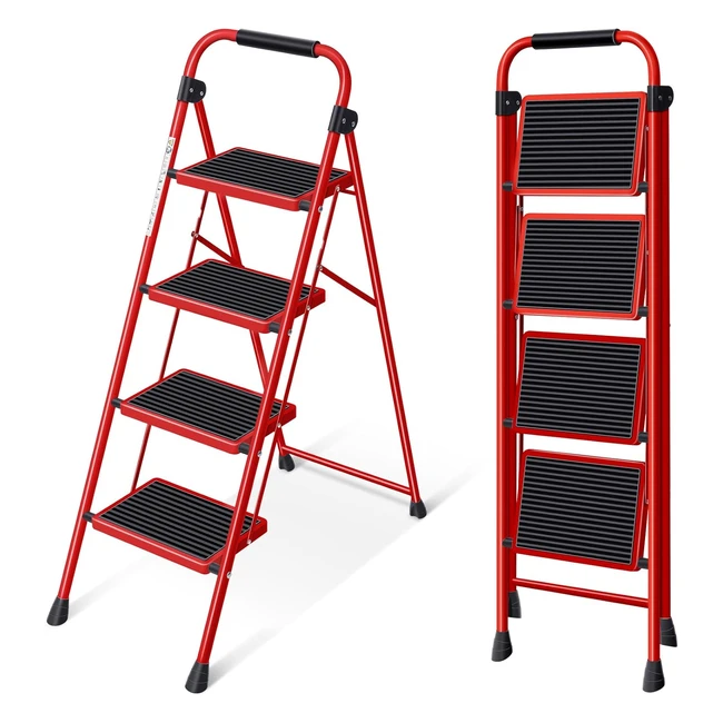 Kingrack Step Ladder Folding Ladder | Non-slip | Lightweight & Portable | Red | 4 Steps