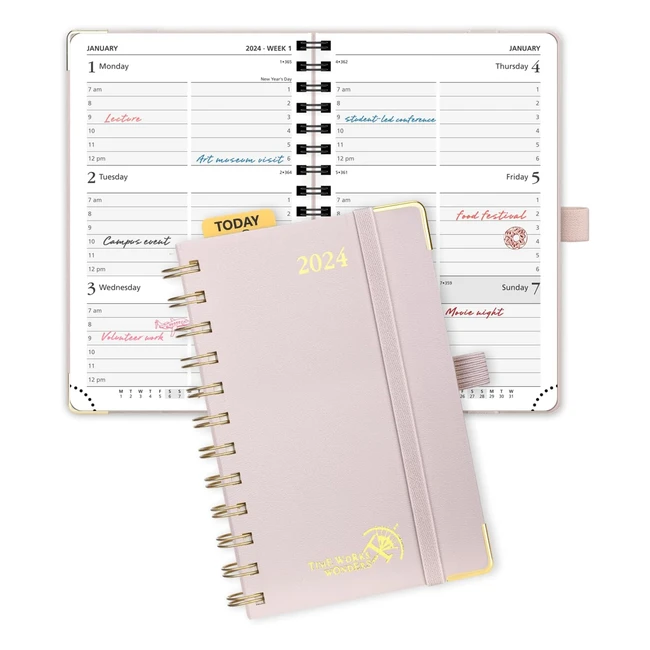 Poprun 2024 Pocket Diary Week to View A6 Small Diary - 16 x 105 cm - Spiral Hardcover - Light Pink