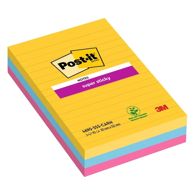 Post-it Notes Super Sticky Grand Format Collection Carnival 101 mm x 152 mm - Pack de 3 blocs