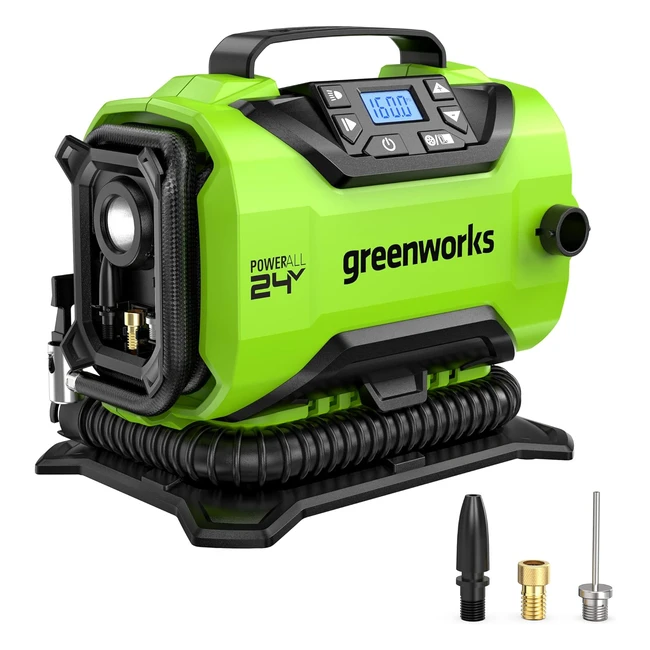Greenworks G24IN Gonfiatore e Deflatore a Batteria 11 Bar - Spegnimento Automatico - 3 Adattatori - Tubo da 0.5m