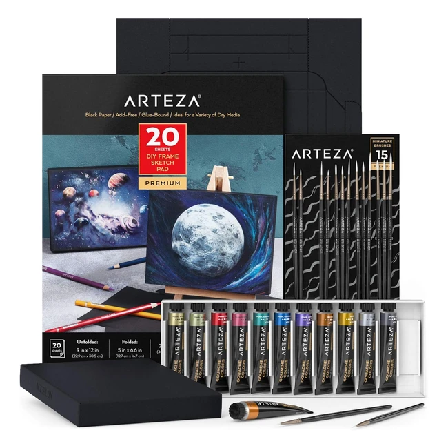 Kit de pintura gouache Arteza 12 pinturas metálicas y lienzos plegables de papel negro
