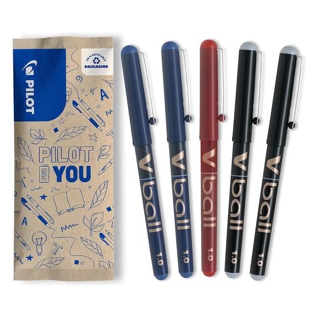 Lot de 5 stylos roller Pilot VBall 10, encre liquide, pointe large, séchage rapide, couleur vive