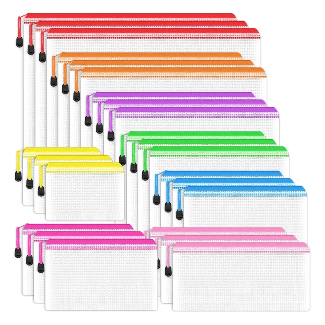 24pcs Plastic Wallets Folders | Zip Lock Bags | Waterproof Mesh Document Wallet | School Home Office Travel | 12 Colors