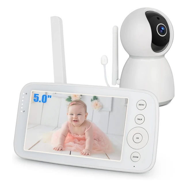 Hakaug Baby Monitor with 50 Monitor and Pan/Tilt/Zoom Camera, FHSS Transmission, No WiFi, No App, Two-Way Audio, Infrared Night Vision - White