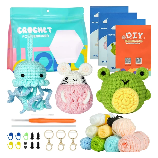 Kit de Ganchillo para Principiantes - Juego de Animales de Ganchillo - 3 Piezas - Hilo, Ojos Rellenos - Tutoriales en Video - Perfecto para DIY y Tejido a Mano