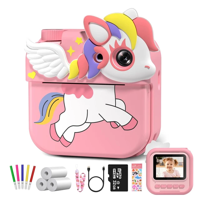 Hangrui Appareil Photo Instantané Enfant 24cran 1080p HD Numérique 32GB SD Carte Papier d'Impression Stylos DIY Jouets Cadeaux pour 3-12 ans Rose