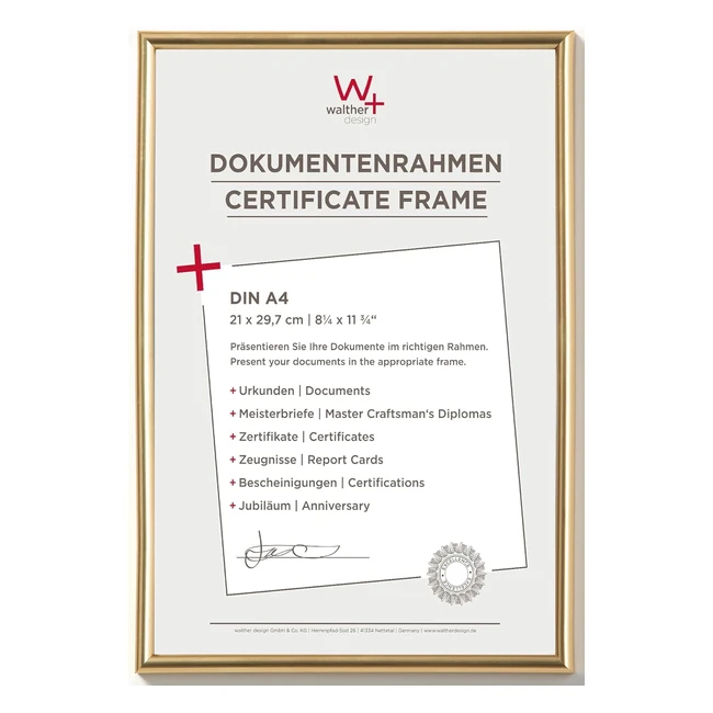 Walther Design Galeria KG130H Bilderrahmen 21 x 297 cm DIN A4 Gold - Kunststoffrahmen mit Standfuß und Aufhängeösen