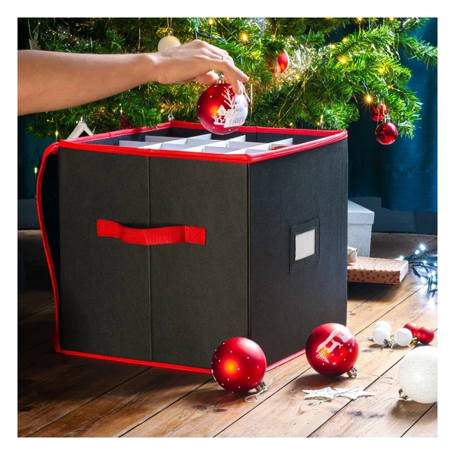 CKB Ltd Black Christmas Bauble Storage Box Cube with Dividers - Stores up to 64 Baubles - Foldable Xmas Ornaments and Decorations Container - 33x33cm - Black/Red