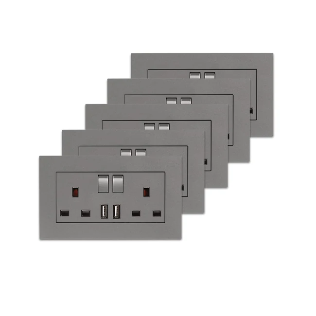 5 Pack Cnbingo Double Switched Socket with 2 USB Charging Ports 2 Gang 13 Amp Electric Power Socket