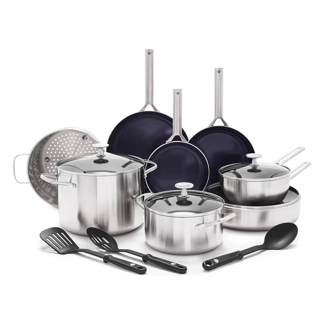 Batería de cocina Blue Diamond Triple Steel, 15 piezas, acero inoxidable, antiadherente cerámico, sartenes y cacerolas, sin PFA, multicapa, apta para inducción, horno y lavavajillas