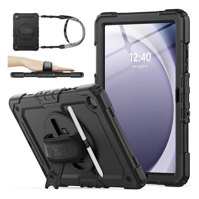 Seymac Stock Samsung Galaxy Tab A9 Plus Case - Heavy Duty Shockproof Tablet Case with 360° Rotating Stand & Hand Strap - Black