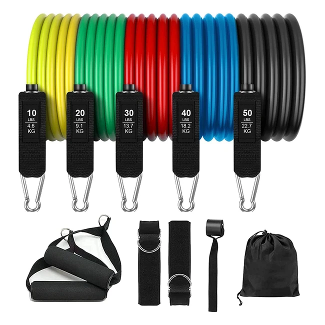 Lot de 5 bandes de résistance élastiques pour musculation - Kit d'exercice avec 5 tubes fitness, poignées en mousse, sangles de cheville et ancre de porte