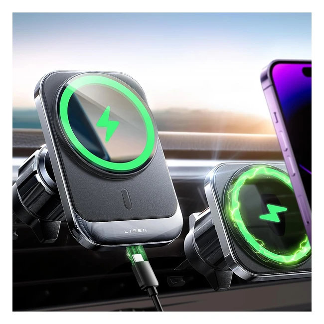 Support téléphone voiture Lisen 15W - Chargeur induction magnétique compatible Magsafe - iPhone 15/14/13/12 Pro Max Mini