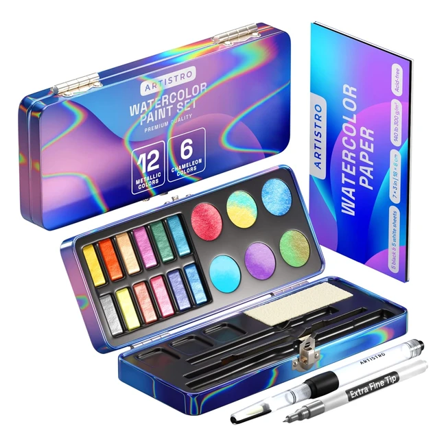 Artistro Metallic Watercolor Paints Set - 18 Colors - Glitter & Chameleon - Perfect for Artists & Hobbyists