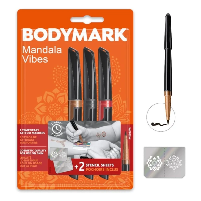 BIC BodyMark Temporary Tattoo Markers - 3 Colors  2 Stencils - Skin Safe  Long