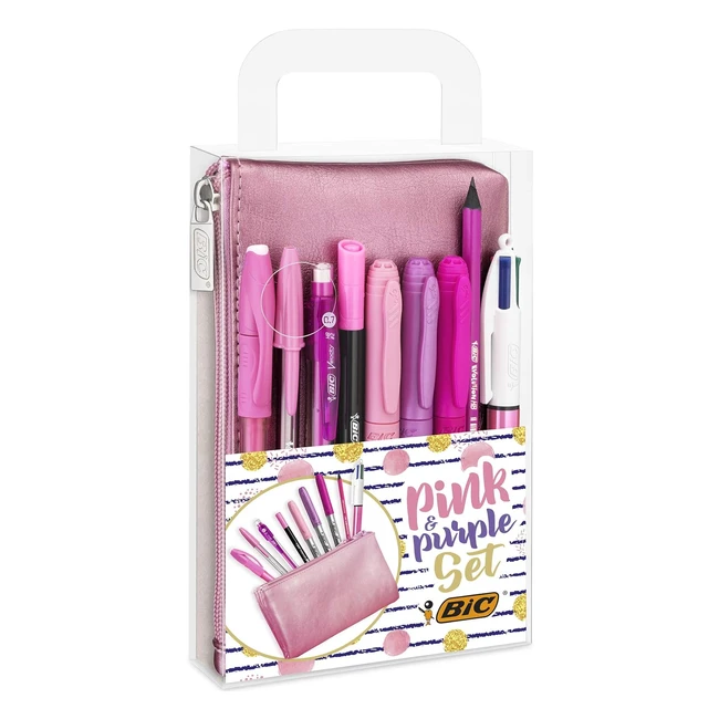 BIC Pink Purple Set - 1 Pencil Case 2 Ball Pens 1 Erasable Gel Pen 1 Graphite