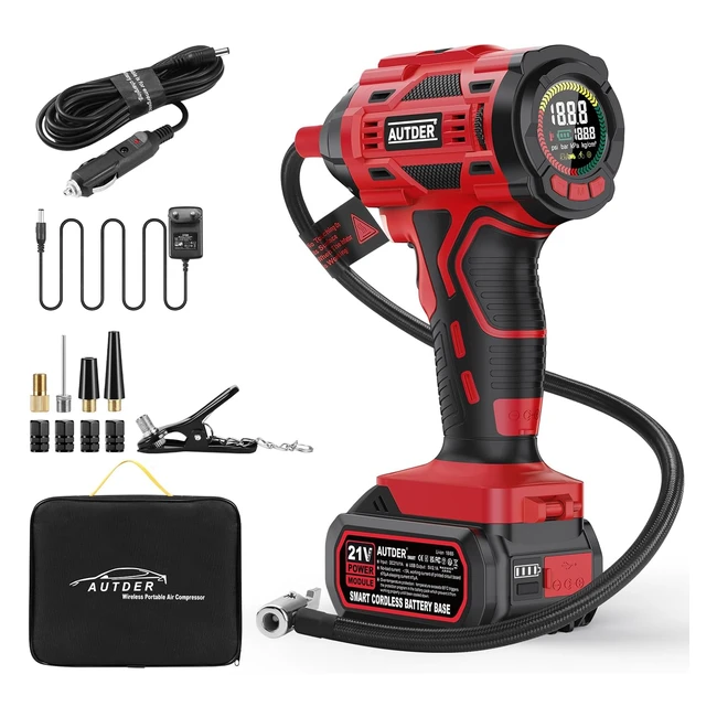 Autder Compressore Aria Portatile Elettrico 180psi - Batteria 21v e 12v - Gonfiatore Pneumatici - Autostop - Multiuso - Auto Bici Moto Scooter Pallone - Rosso