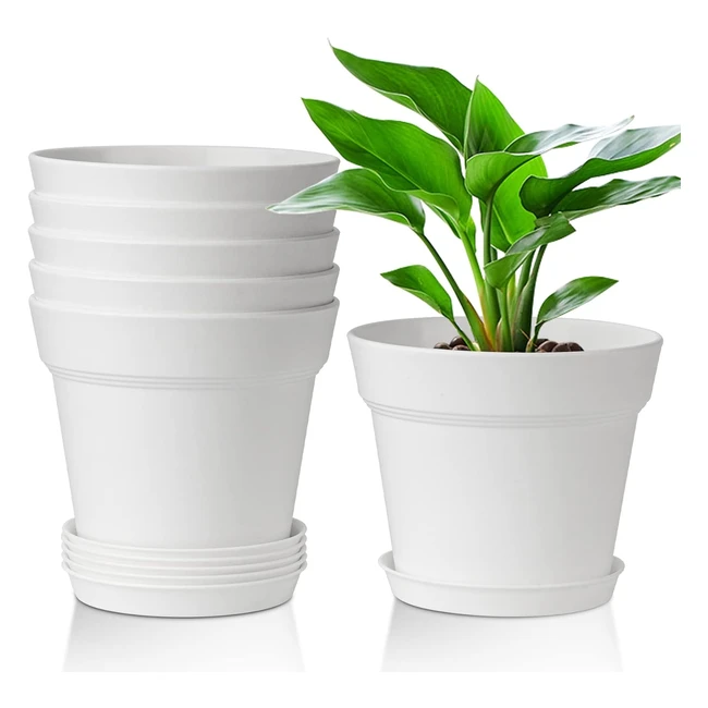 t4u 16cm Plastic Plant Pots 6Pack - Medium Flower Planter with Drainage Hole and Saucer - White