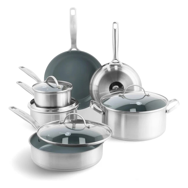 GreenPan Treviso Healthy Ceramic Nonstick Stainless Steel Cookware - 10 Pieces - PFAS-Free - Induction Oven Safe - Silver