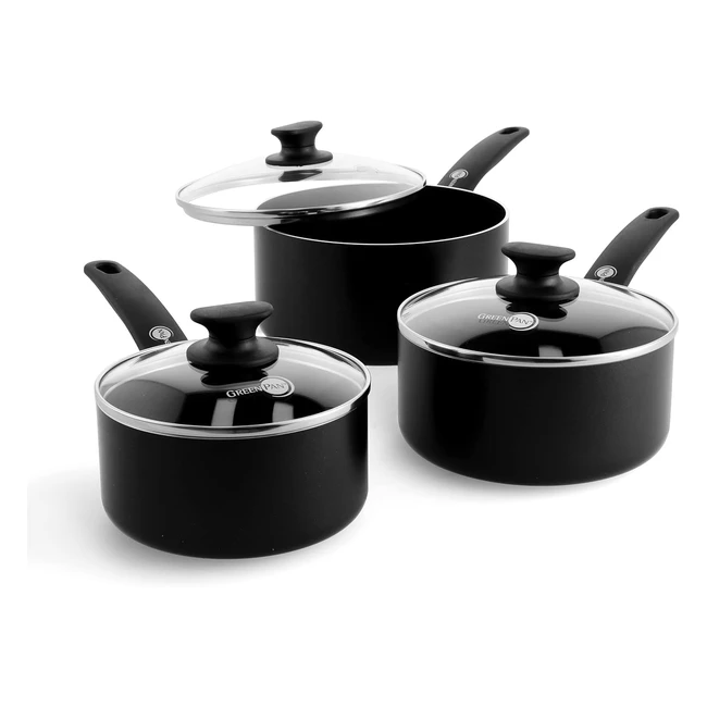GreenPan Cambridge Healthy Ceramic Nonstick Saucepan Set - 16cm/1.5L, 18cm/2.1L, and 20cm/3.1L - PFAS-Free, Induction & Oven Safe - Black