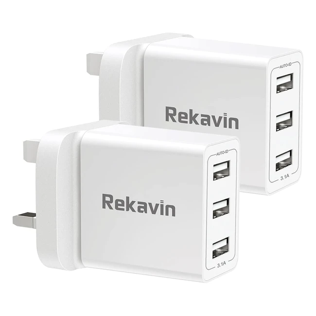 2 Pack USB Plug UK 3 Pin Mains Charger - Rekavin Multi USB Charger Plug Adaptor UK - Compact Triple Port Charge Head - 5V/2.4 Amp Charging for iPhone 11/11 Pro/10/XS/XS Max/XR/8/7/6 Plus, iPad, Samsung Galaxy