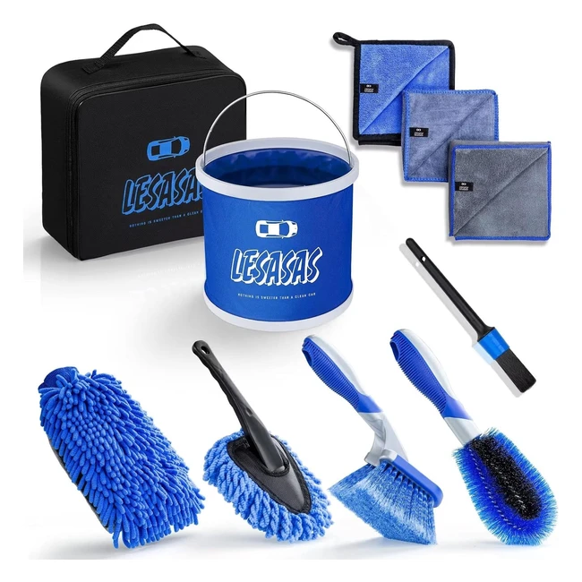 Lesasas Car Cleaning Kit - 9L Foldable Bucket, 9 Pcs Detailing Brush Set, Short Handle Wheel Brush, Microfiber Wash Mitt, Drying Towel