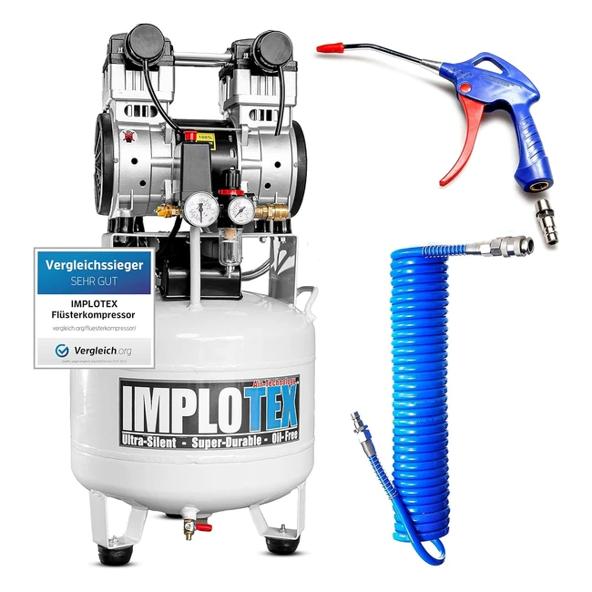 Implotex 1500W Silent Flüsterkompressor 60dB leise, inkl. Ausblaspistole und Druckluftschlauch