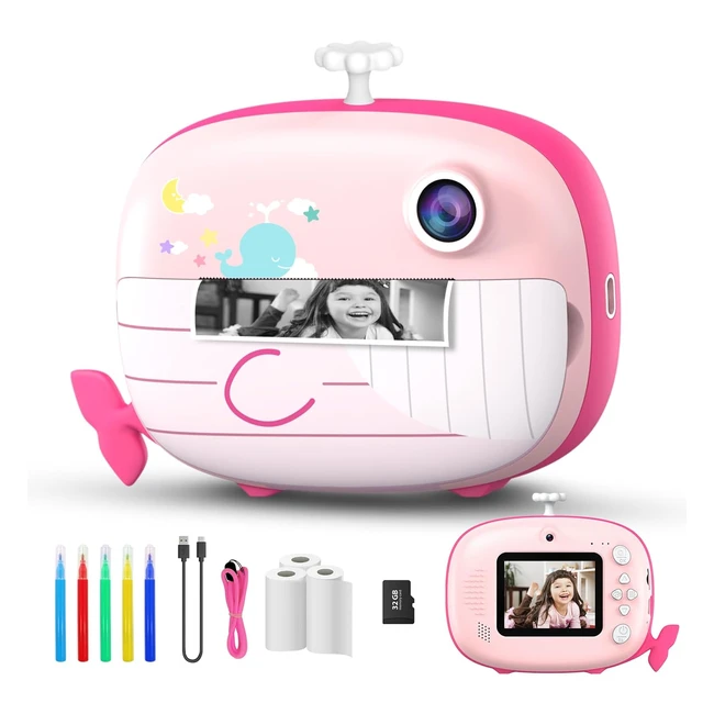 Fotocamera istantanea per bambini 1080p - Ukuu, 24 pollici, 3 rotoli carta, 5 colori penna - Rosa