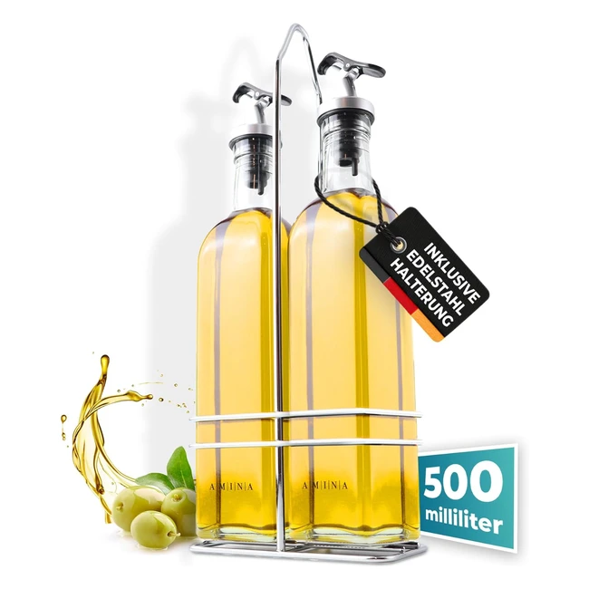 AMINA Essig- und Ölspender Set, Hochwertige Glasflaschen mit Dosierspendern und Edelstahlhalter, Perfekt für Zuhause und Catering