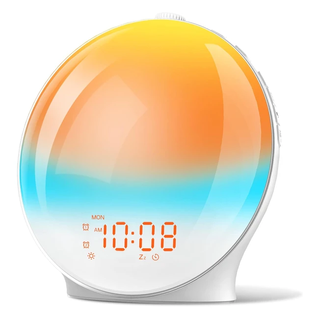 Réveil lumineux LED avec simulateur d'aube et crépuscule, radio lumineux, lampe de chevet, 20 niveaux de luminosité, 2 réveils, 8 sons naturels, fonction snooze, veilleuse enfant avec 15 couleurs