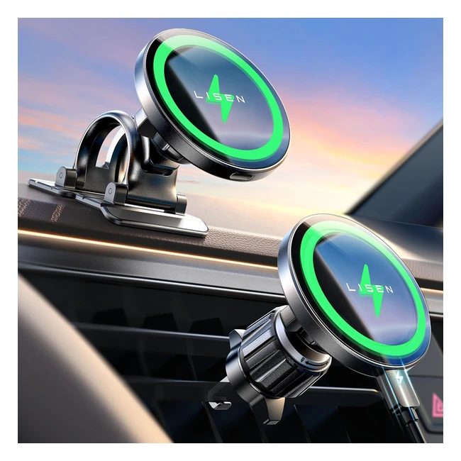 Chargeur voiture sans fil Lisen 15W, support téléphone induction magsafe 360°, charge rapide pour iPhone 15 14 13 Pro Max Samsung