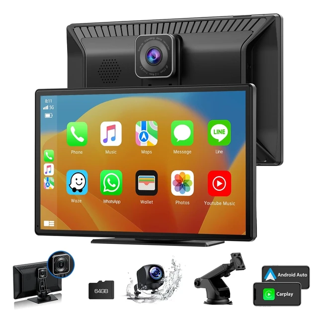 Volam Écran Apple CarPlay Voiture Android Auto Sans Fil Ave 25k Dashcam Voiture Avant et Arrière Portable Autoradio Car Play avec Écran Tactile 9 Pouces AirPlay GPS FM Siri/Google Assistant