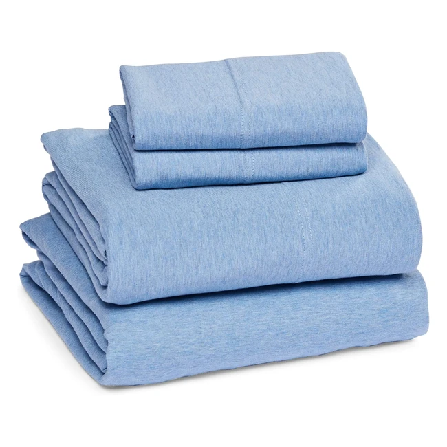 Amazon Basics Heather Cotton Jersey 4 Piece Bed Sheet Set King Sky Blue Solid - Soft & Comfortable