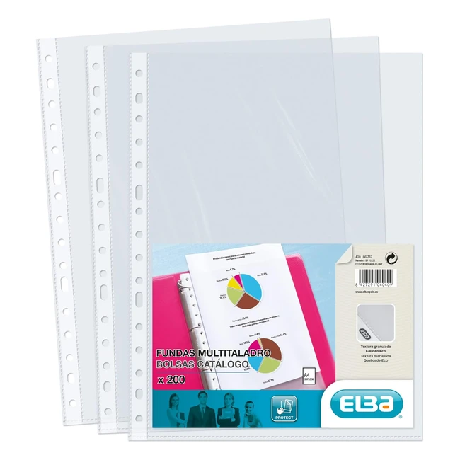 Fundas de plástico A4 transparentes Elba, 200 unidades, multitaladro, polipropileno piel de naranja 70
