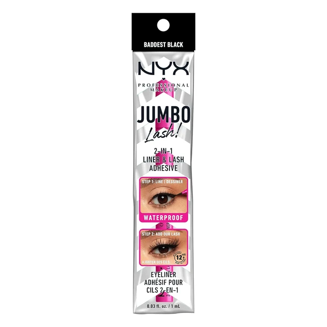 Nyx Professional Makeup Eyeliner per Ciglia Finte 2in1 - Lunga Tenuta, Waterproof - Applicatore Preciso - Jumbo Lash Baddest Black