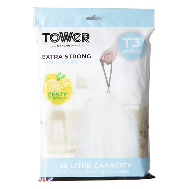 Tower T878002 Kitchen Bin Bag 25L - Lemon Scented - Heavy Duty - Drawstring - Wa