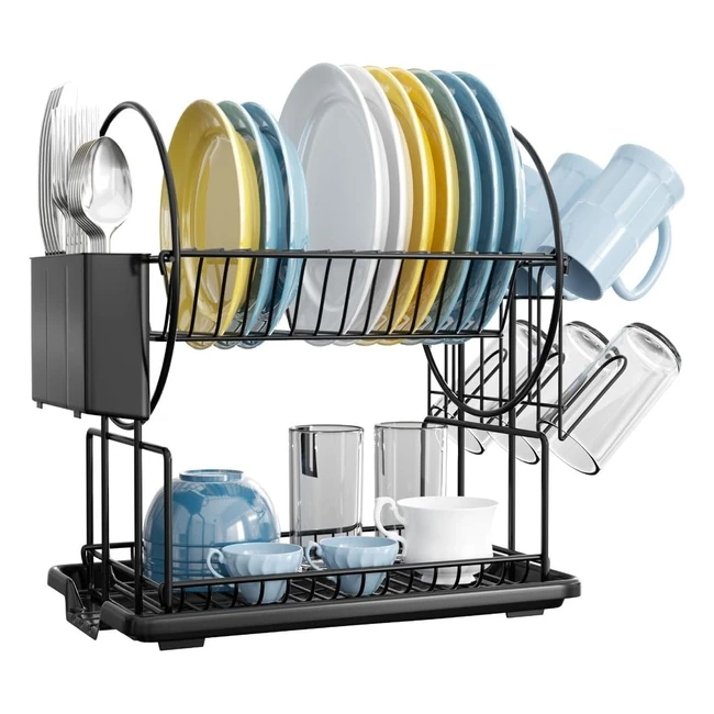 2 Tier Black Dish Drainer Rack with Drip Tray - Stainless Steel - Rust-Free - Space Saving