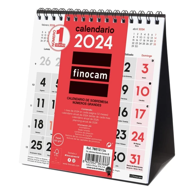 Calendario Finocam 2024 Neutro - Números Grandes - Enero a Diciembre - 12 Meses
