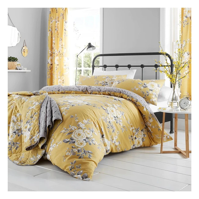 Catherine Lansfield Canterbury Floral Reversible Double Duvet Cover Set - Ochre Yellow