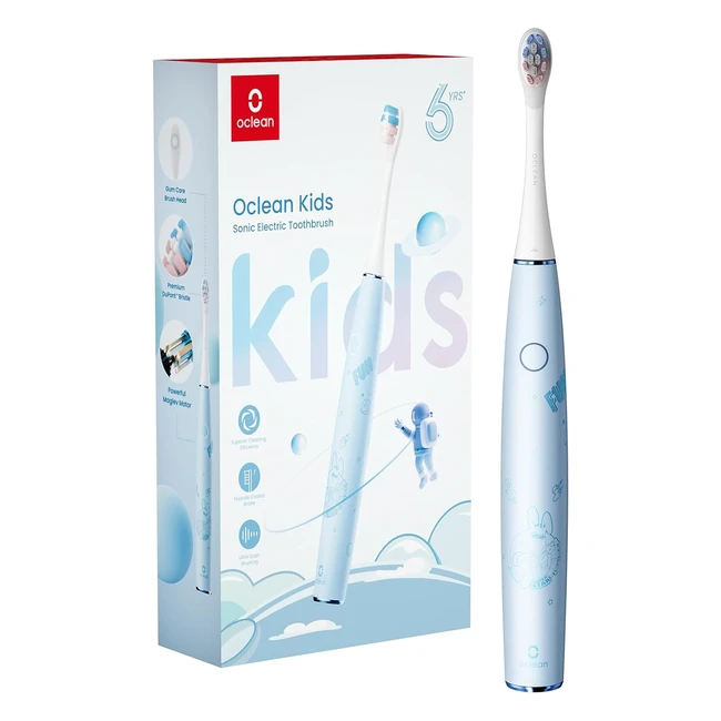 Brosse à dents électrique Oclean Kids - Silencieuse 37dB - Poils doux - Minuteur 2 min - Autonomie 30 jours - Étanche IPX7 - 6 ans et plus - Bleu