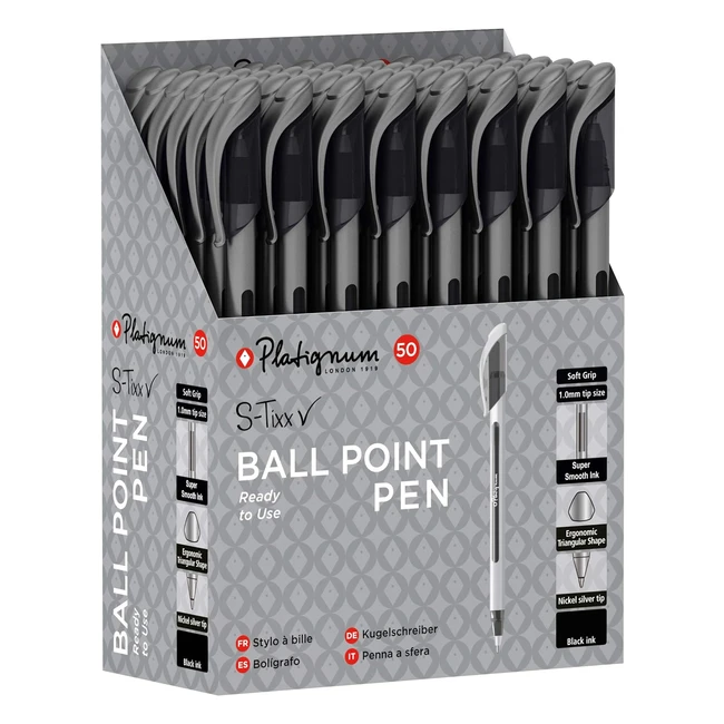 Platignum Stixx Black Ballpoint Pen Pack of 50 - Soft Grip Barrel, LV Ink, Smudge-Free Writing