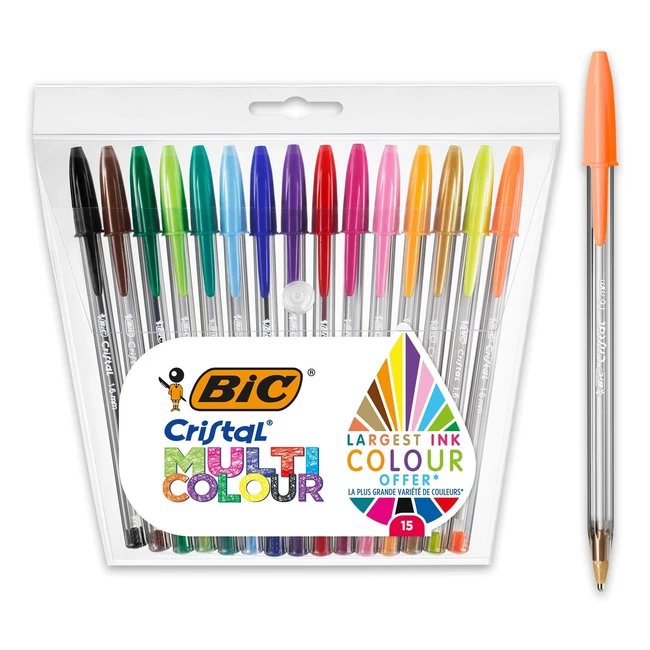BIC Cristal Multicolour Ballpoint Pens - 16mm Wide Tip - Pack of 15