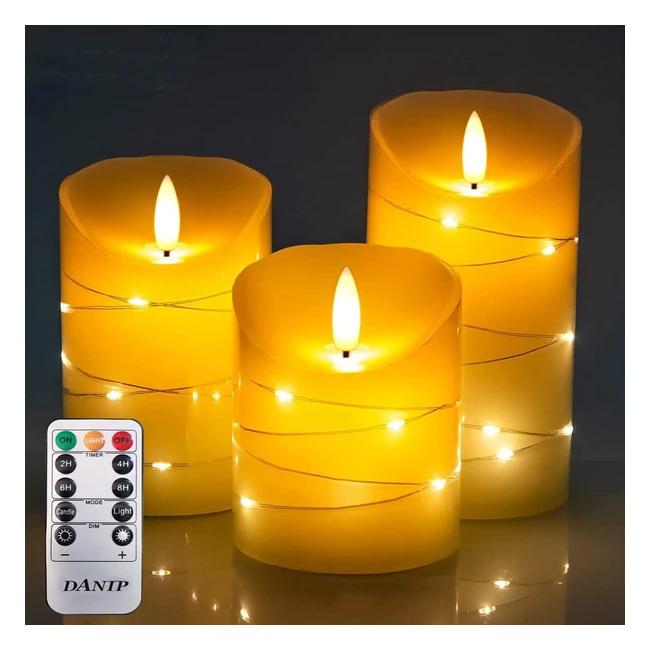 Flameless Candle with Fairy String Lights - 3 Piece LED Candle with Remote Contr